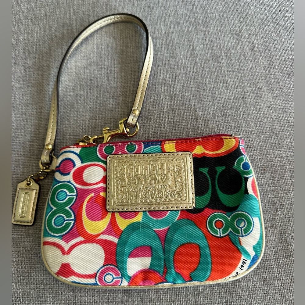 Coach Colorful Patterned Wristlet with Gold Accents